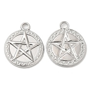 304 Stainless Steel Pendant, Flat Round with Star Charm, Stainless Steel Color, 20x17x2mm, Hole: 3mm(STAS-Z041-24P)