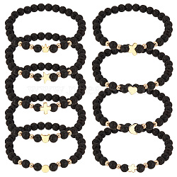 Elite 1 Set Bear & Cross & Moon & Crown & Heart & Butterfly Brass Beaded Stretch Bracelets Set, Natural Lava Rock Essential Oil Stackable Bracelets for Women, Golden, Inner Diameter: 2-1/8 inch(5.45cm), 9 style, 1pc/style, 9pcs/set(BJEW-PH0004-22)