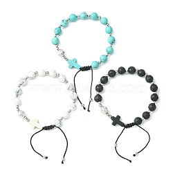 3Pcs 3 Style Gemstone Round & Cross Braided Bead Bracelets, Adjustable Nylon Cord Bracelets for Women, Inner Diameter: 2-1/8~3-1/8 inch(5.5~8cm), 1style/pc(BJEW-TA00321)