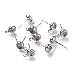 Non-Tarnish 304 Stainless Steel Stud Earring Settings, with Loop, Flat Round, Stainless Steel Color, Flat Round: 9x6.3mm, Hole: 1.8mm, Pin: 0.8mm, Tray: 4mm(STAS-I161-01A-P)