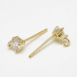 Brass Stud Earring Findings, with Loop, Cubic Zirconia, Clear, Real 18K Gold Plated, 6.5x4mm, Hole: 1.5mm, Pin: 0.7mm(KK-S347-150)