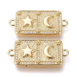 Brass Micro Pave Cubic Zirconia Links Connectors, Rectangle with Star & Moon, Clear, Real 18K Gold Plated, 31.5x15x3mm, Hole: 2mm(ZIRC-F116-19-G)