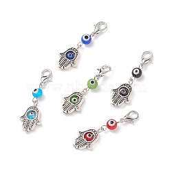 Handmade Evil Eye Lampwork Round Pendant Decorations, with Hamsa Hand Alloy Bead and Lobster Claw Clasps, for Keychain, Purse, Backpack Ornament, Mixed Color, 40mm(X1-HJEW-JM00745)