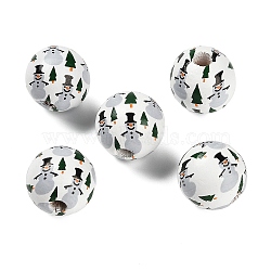 Christmas Printed Schima Wood European Beads, White, Round, Snowman, 16x15mm, Hole: 4mm(WOOD-G024-02B)