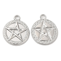 Non-Tarnish 304 Stainless Steel Pendant, Flat Round with Star Charm, Stainless Steel Color, 20x17x2mm, Hole: 3mm(STAS-Z041-24P)