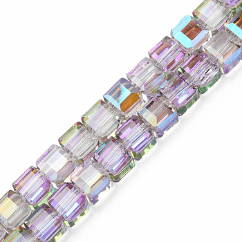 Electroplate Transparent Glass Beads Strands, Faceted, Cube, Violet, 7x7x7mm, Hole: 1.4mm, about 100pcs/strand, 26.77 inch(68cm)