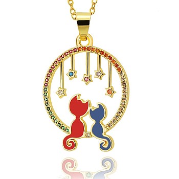 Full Moon with Double Cat and Star Pendant Necklace, Jewelry Mother’s Day Gift for Women, Golden, Golden, 16.34 inch(41.5cm)