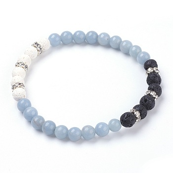 Natural Angelite Stretch Bracelets, with Dyed Natural Lava Rock(Dyed) Beads and Rhinestone Spacer Beads, 2-1/8 inch(5.5cm)