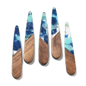 Resin and Walnut Pendants, Teardrop, Marine Blue, 43.5x7.5x3.5mm, Hole: 1.5mm