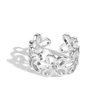 S925 Sterling Silver Open Cuff Ring for Woman, Flower Shape, Silver, 10mm, US Size 5 3/4(16.3mm)