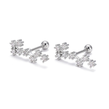 Brass Micro Pave Clear Cubic Zirconia Stud Earrings, with 304 Stainless Steel Pin and Ear Nut, Constellation/Zodiac Sign, Platinum, Scorpio, 16x6mm, Pin: 0.8mm