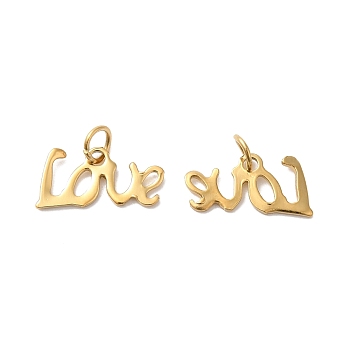 Ion Plating(IP) 304 Stainless Steel Charms, Laser Cut, with Jump Ring, Word Love Charms, Real 14K Gold Plated, 6x13x1mm, Hole: 2.5mm