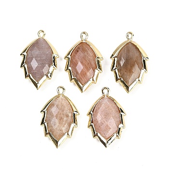 Natural Sunstone Faceted Leaf Pendants, Rack Plating Brass Charms, Golden, 23x13.5x5.5mm, Hole: 1.2mm