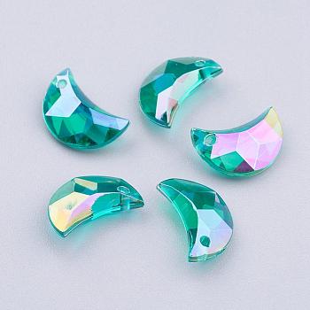Transparent Acrylic Charms, AB Color Plated, Moon, Faceted, Dark Turquoise, 11x7x4mm, Hole: 0.5mm