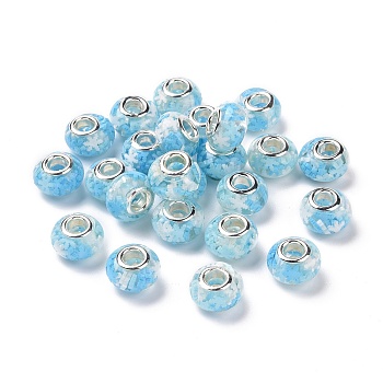 Transparent Resin European Rondelle Beads, Large Hole Beads, with Christmas Snowflake Polymer Clay and Platinum Tone Alloy Double Cores, Light Sky Blue, 14x8.5mm, Hole: 5mm