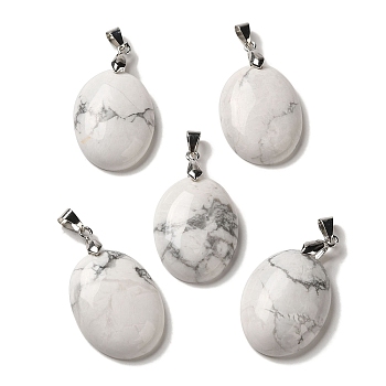 Natural Howlite Pendants, Oval Charms with Rack Plating Platinum Plated Brass Snap on Bails, 30x21.5~22x6~6.5mm, Hole: 6x4mm
