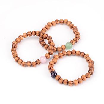 Wood Beaded Stretch Bracelets, with Natural Mixed Stone Beads, 53mm