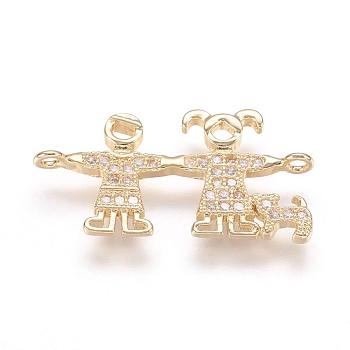 Brass Micro Pave Cubic Zirconia Links, Real 18K Gold Plated, Couple with Dog, 13x23.5x1.5mm, Hole: 1mm
