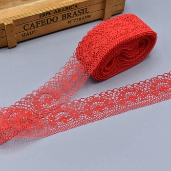 Non-Elastic Polyester Lace Trim Ribbon,  for Wedding, Christmas Gift Packing, Red, 1-1/2 inch(38mm), 10yards/roll(9.14m/roll)