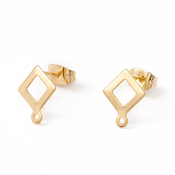 201 Stainless Steel Stud Earring Findings, with 304 Stainless Steel Pins, Horizontal Loops and Ear Nuts, Rhombus, Real 24K Gold Plated, 12x9.5mm, Hole: 1mm, Pin: 0.8mm