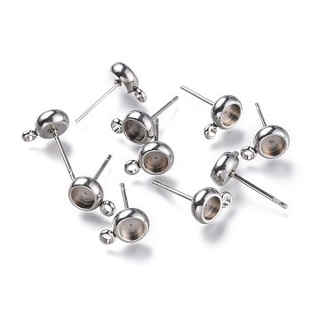 304 Stainless Steel Stud Earring Settings, with Loop, Flat Round, Stainless Steel Color, Flat Round: 9x6.3mm, Hole: 1.8mm, Pin: 0.8mm, Tray: 4mm