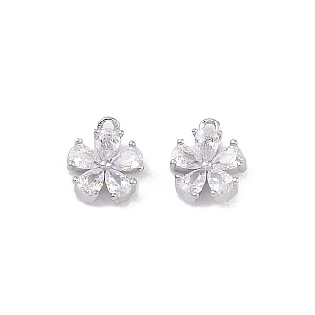 Brass Micro Pave Clear Cubic Zirconia Pendants, Flower Charms, Real Platinum Plated, 8x6.5x2.5mm, Hole: 0.8mm