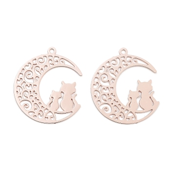 Long-Lasting Plated Brass Pendants, Cat with Moon, Rose Gold, 21x19x0.3mm, Hole: 1mm