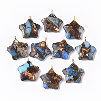 Assembled Synthetic Imperial Jasper and Bronzite Pendants, with Golden Tone Iron Loop, Dyed, Star, Light Sky Blue, 23~24x21x5mm, Hole: 2mm