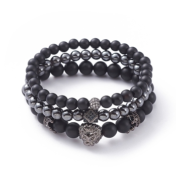 Unisex Stretch Bracelets Sets, Stackable Bracelets, with Natural Black Agate(Dyed) Beads, Non-Magnetic Synthetic Hematite Beads, Brass Cubic Zirconia Beads and Alloy Beads, with Cardboard Packing Box, Lion Head & Crown & Round, Black, 2-1/4 inch(5.6cm), 3pcs/set