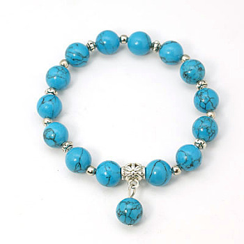 Fashion Gemstone Beaded Bracelets, Stretch Bracelets, with Antique Silver Alloy Beads, Synthetic Turquoise, 55mm
