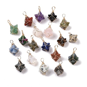 Natural & Synthetic Mixed Gemstone Copper Wire Wrapped Pendants, Merkaba Star Charms, Golden, Mixed Dyed and Undyed, 26~31x20~21x13~15mm, Hole: 5~5.5mm