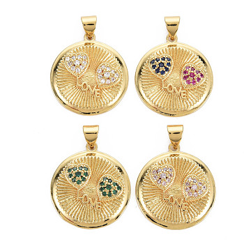 Brass Micro Pave Cubic Zirconia Pendants, Cadmium Free & Nickel Free & Lead Free, Real 16K Gold Plated, Flat Round with Heart, Mixed Color, 22x20x3.5mm, Hole: 3x5mm