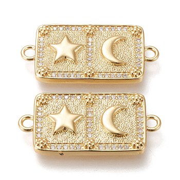 Brass Micro Pave Cubic Zirconia Links Connectors, Rectangle with Star & Moon, Clear, Real 18K Gold Plated, 31.5x15x3mm, Hole: 2mm