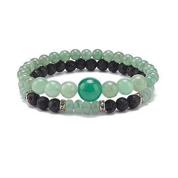 2Pcs 2 Style Natural Green Aventurine & Lava Rock Stretch Bracelets Set, Essential Oil Gemstone Jewelry for Women, Inner Diameter: 2-1/8~2-3/8 inch(5.5~5.8cm), 1Pc/style