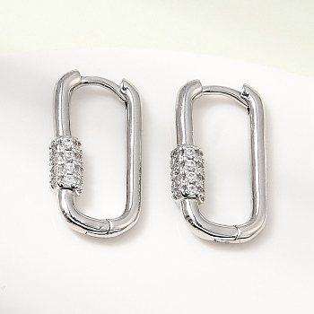 Brass Micro Pave Cubic Zirconia Hoop Earrings, Oval, Cadmium Free & Lead Free, Rack Plating, Long-Lasting Plated, Platinum, 22x4.5mm