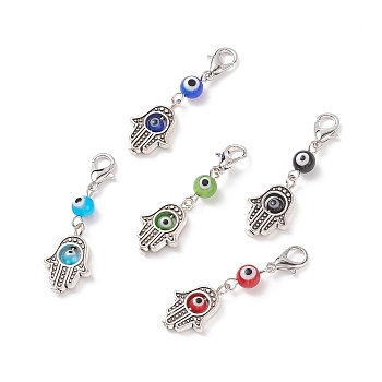 Handmade Evil Eye Lampwork Round Pendant Decorations, with Hamsa Hand Alloy Bead and Lobster Claw Clasps, for Keychain, Purse, Backpack Ornament, Mixed Color, 40mm