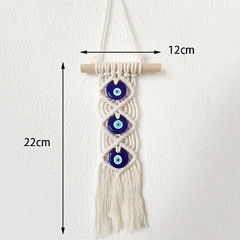 Handmade Macrame Cotton Thread Tassel Pendant Decoration, with Glass Turkey Evil Eye and Wood Bar, for Car Wall Hanging Decoration, Floral White, 220x120mm