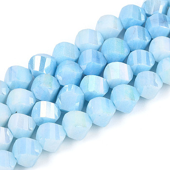 Anti-Tarnish Electroplate Glass Beads Strands, Imitation Gemstone, Twist, AB Color Plated, Faceted, Two Tone, Light Sky Blue, 7~8x7~8x7~8mm, Hole: 1~1.2mm, about 50~54pcs/strand, 14.76~15.16''(37.5~38.5cm)