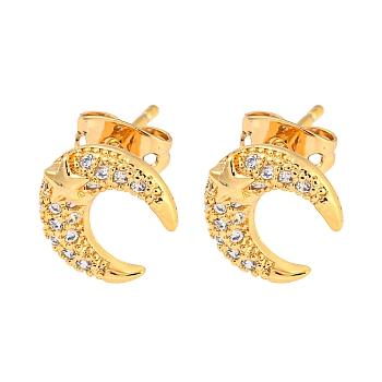 Brass Micro Pave Cubic Zirconia Ear Studs, Real 18K Gold Plated, Moon, 10x9mm