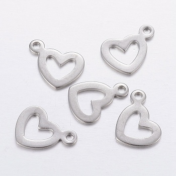 304 Stainless Steel Hollow Pendants, Open Heart Charms, Stainless Steel Color, 14.5x10.5x1mm, Hole: 1.5mm
