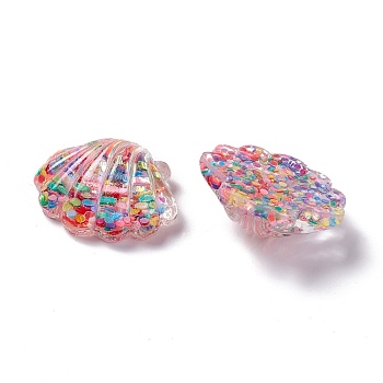 Transparent Resin Cabochons, Shell with Sequins, Colorful, 19x22x8mm