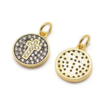 Brass Micro Pave AAA Cubic Zirconia Charms, Cadmium Free & Nickel Free & Lead Free, Flat Round with Cross, Real 18K Gold Plated, 13x11x2mm, Hole: 3mm