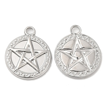 304 Stainless Steel Pendant, Flat Round with Star Charm, Stainless Steel Color, 20x17x2mm, Hole: 3mm