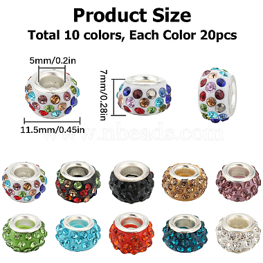 200Pcs 10 Colors Polymer Clay Rhinestone European Large Hole Beads with Silver Plated Brass Cores(FPDL-SC0001-01)-2