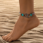 Double Heart Alloy Link Stretch Anklets, Synthetic Turquoise & Glass Seed Beaded Double Layer Necklaces, Gunmetal, Colorful, Inner Diameter: 2-1/2 inch(65mm)(WGCB0A2-10)