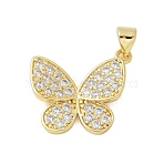 Brass Micro Pave Cubic Zirconia Pendants, Butterfly Charms, Rack Plating, Cadmium Free & Lead Free, Long-Lasting Plated, Real 18K Gold Plated, 17x19.5x1.5mm, Hole: 4x3mm(X-KK-P293-15G)