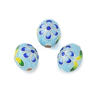 Rhodium Plated 925 Sterling Silver Enamel Beads, Oval with Flower, Light Sky Blue, Silver, 11x9mm, Hole: 2mm(STER-P060-07P)