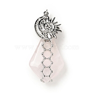 Natural Rose Quartz Pendants, Teardrop Charm, with Stainless Steel Color Plated 304 Stainless Steel Sun Findings and Jump Ring, 35~40x18~20x8~10mm, Jump Ring: 3.8x0.7mm, Inner Diameter: 2.4mm(G-C246-08P)