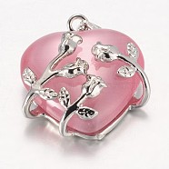 Cat Eye Pendants, with Brass Findings, Heart, Platinum Color, Pink, 23x21x9mm, Hole: 5x4mm(CE-H006-01)