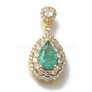 Teardrop Rack Plating Brass Micro Pave Cubic Zirconia Pendant, with Glass Rhinestone, Lead Free & Cadmium Free, Long-Lasting Plated, Golden, Sea Green, 27x16x8mm, Hole: 3mm(KK-H485-20G-01)